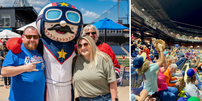 couple posing with Boomer, mascot of the Cannon Ballers