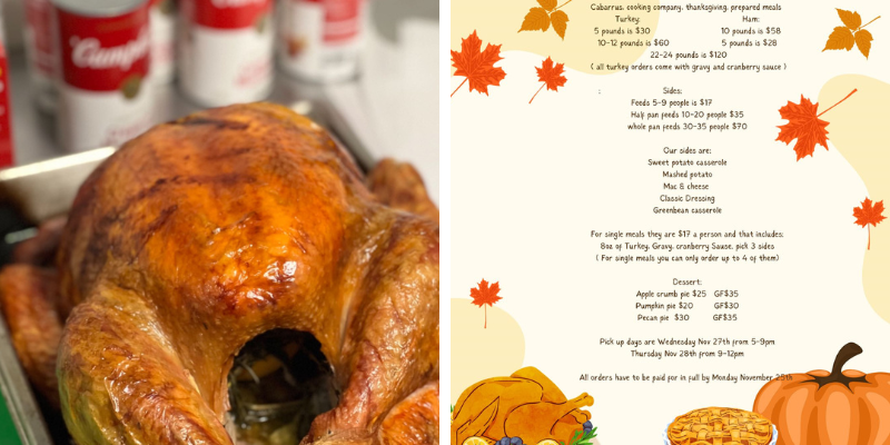 Image of turkey and Thanksgiving menu from Cabarrus Cooking Company