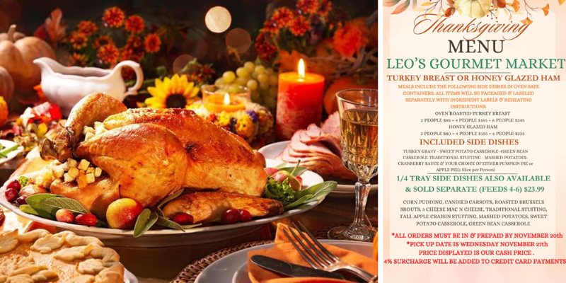 Image of turkey and Thanksgiving menu from Leo's Gourmet Market