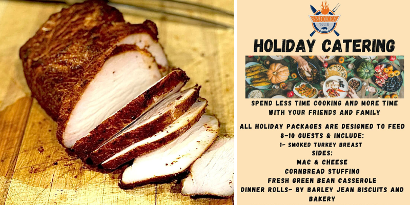 Image of sliced smoked turkey breast and Thanksgiving menu from Smokee 'Kue