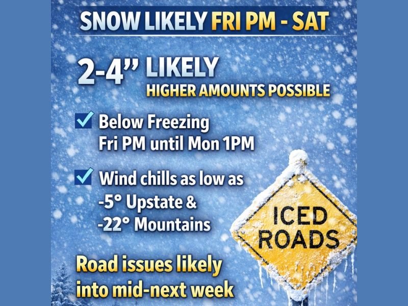 Cold-Driven Snow System Targets North Carolina Late Friday, With Icy Roads and Prolonged Freeze Through Early Next Week