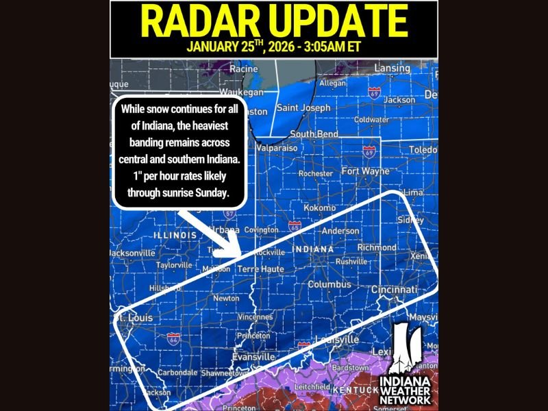 Indiana Winter Storm Intensifies as Central and Southern Counties See 1-Inch-Per-Hour Snow Rates and Worsening Travel Conditions