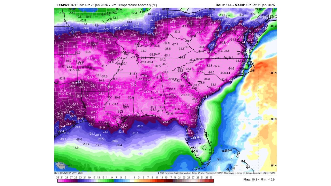 North Carolina, South Carolina, Georgia, and Florida Face Unusually Cold Weekend as ECMWF Shows Temperatures 25–35° Below Normal by Jan. 31
