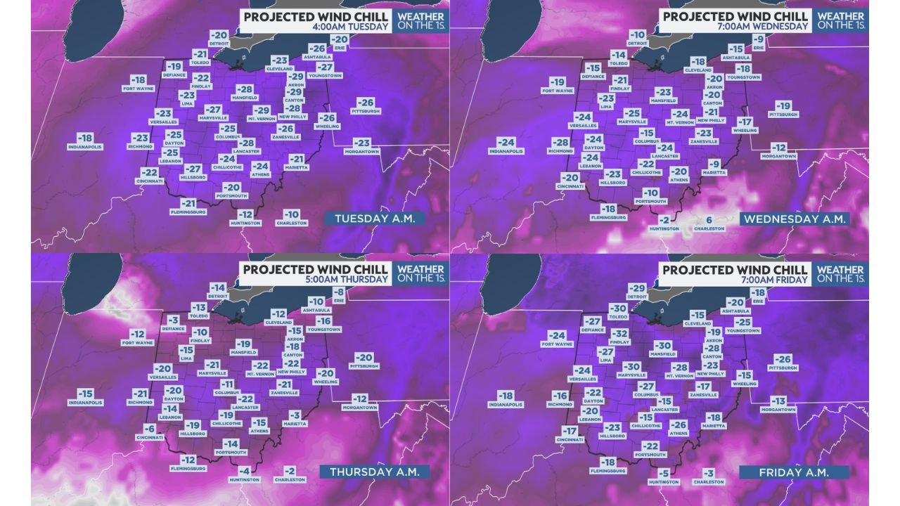 Ohio, Indiana, Michigan, Pennsylvania, and West Virginia Face Tuesday–Friday Arctic Blast With Wind Chills Plunging to -30°F and Below