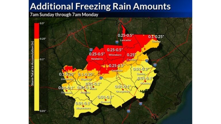 South Carolina Freezing Rain Threat Intensifies as Northern Midlands Face 0.25–0.50 Inches of Ice From Sunday Morning Through Monday