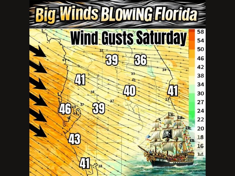 Strong Cold Front Brings Powerful Northwest Wind Gusts to Florida, Dropping Wind Chills Into Single Digits by Sunday Morning