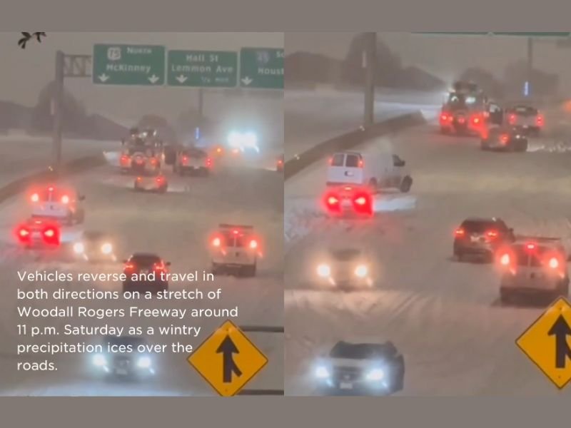 Texas Ice Storm Forces Drivers to Reverse and Drive Against Traffic on Woodall Rodgers Freeway in Dallas