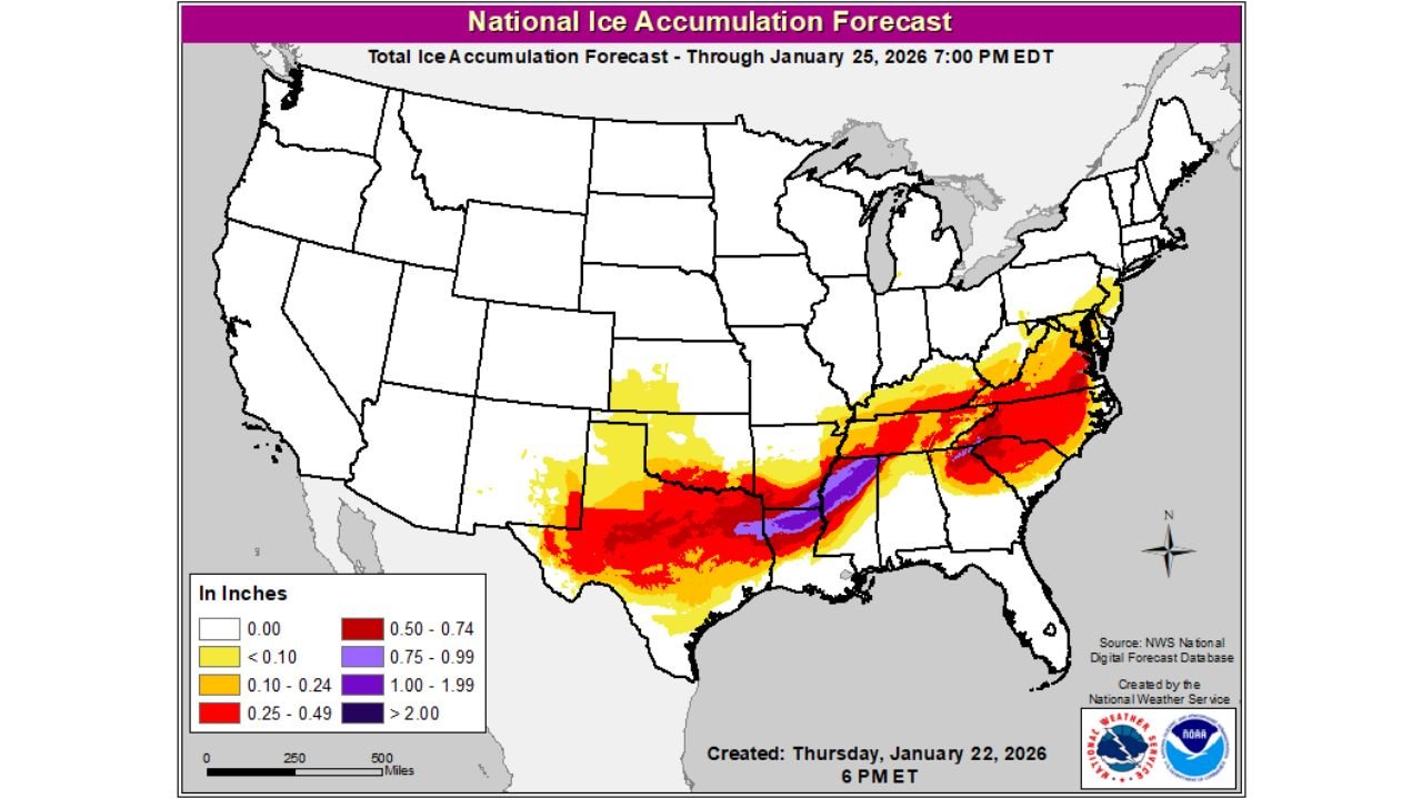 Texas, Oklahoma, Arkansas, Tennessee, Kentucky, Virginia, and the Carolinas Brace for Widespread and Dangerous Ice Accumulation Through Sunday