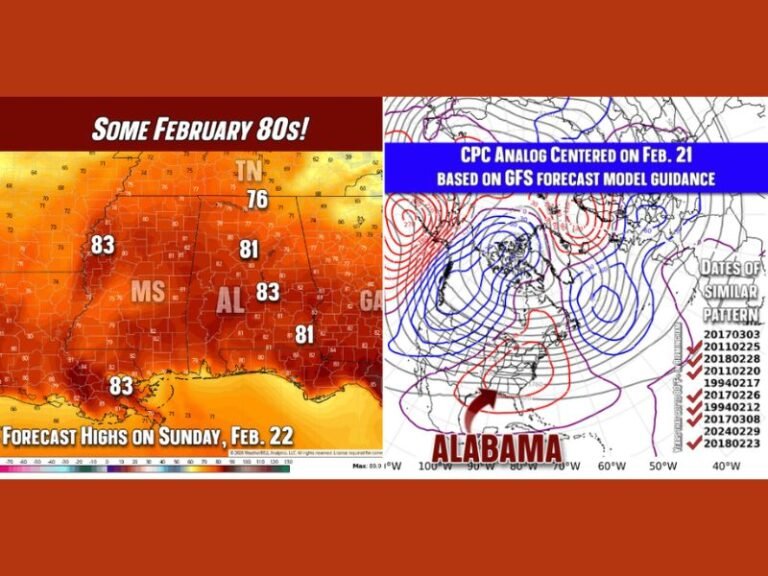 Alabama, Mississippi, Georgia and Tennessee Could Push Into the 80s by Feb. 21–22 as Winter’s “Deep Freeze” Fades Across the South