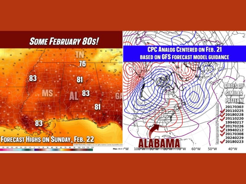 Alabama, Mississippi, Georgia and Tennessee Could Push Into the 80s by Feb. 21–22 as Winter’s “Deep Freeze” Fades Across the South