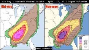 April 27, 2011 Super Outbreak: How Day 1 Tornado Probability Maps Covered Mississippi, Alabama, Georgia and Tennessee Under Old vs New SPC Format