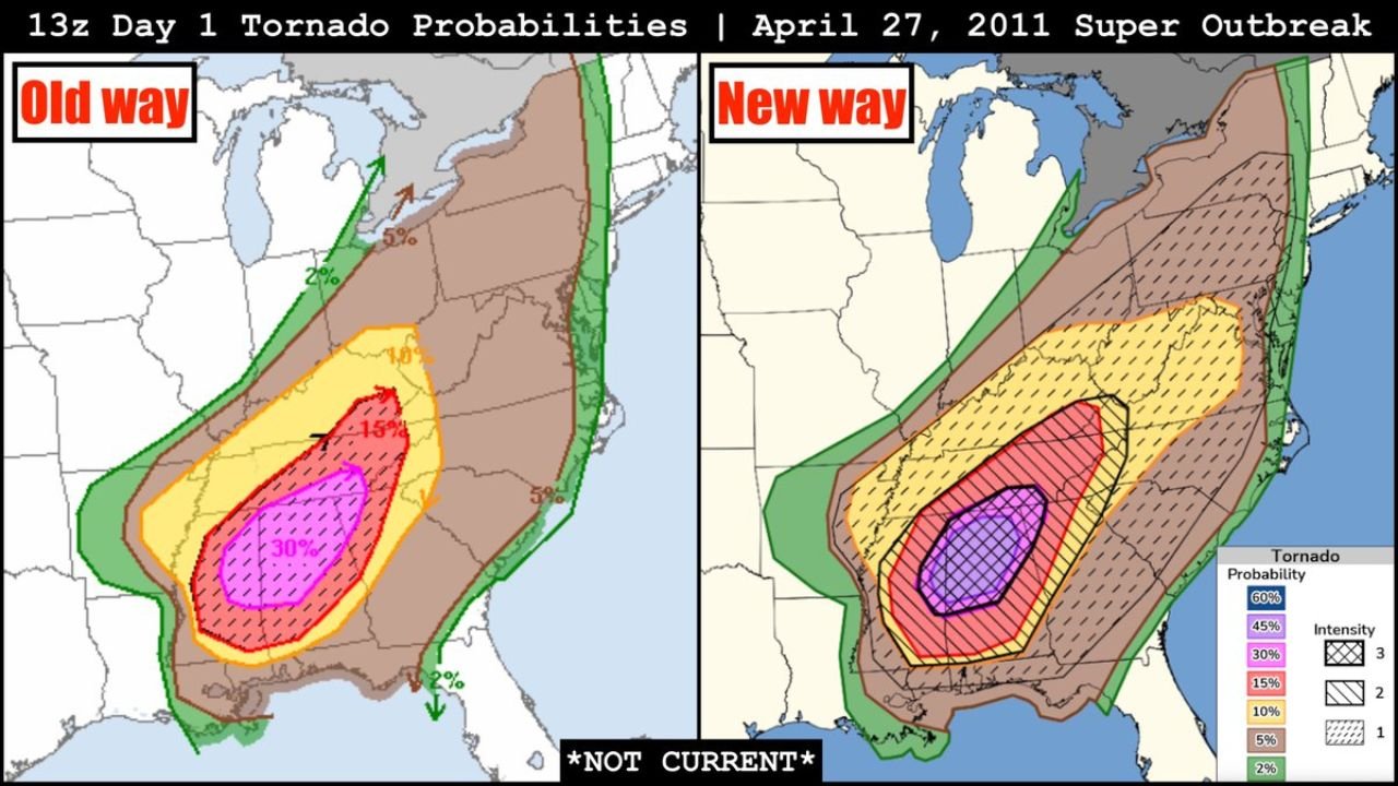 April 27, 2011 Super Outbreak: How Day 1 Tornado Probability Maps Covered Mississippi, Alabama, Georgia and Tennessee Under Old vs New SPC Format