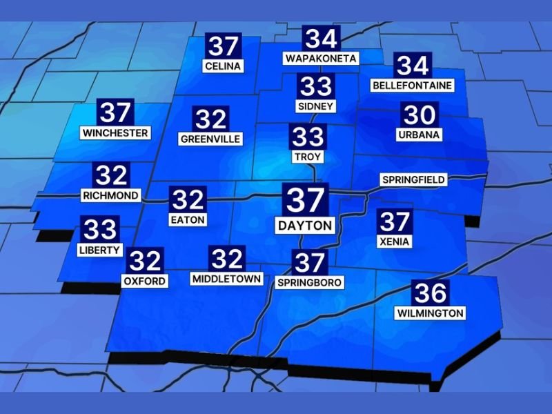 Chilly Start Across Ohio’s Miami Valley: Dayton Wakes to 37 Degrees While Urbana Dips to 30 Tuesday Morning
