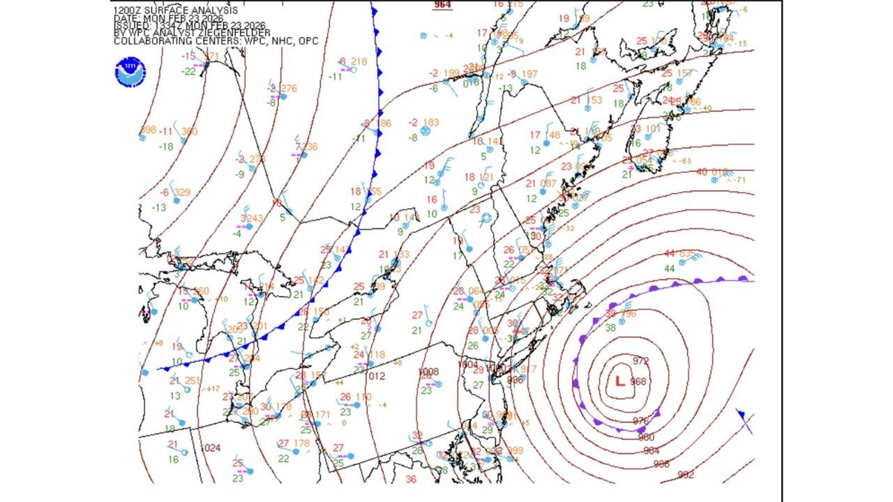 Explosive 968mb Nor’easter Deepens Off Mid-Atlantic Coast as Rare Air Pressure Fuels Powerful Northeast Blizzard