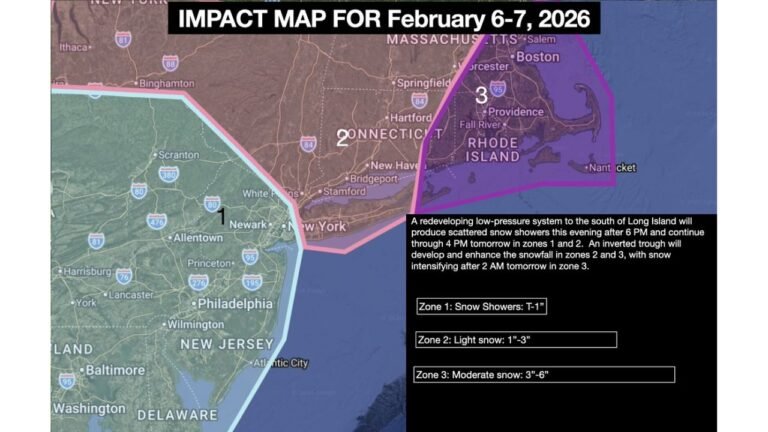 February 6–7 Snow Impact Map Flags New Jersey, Connecticut, Rhode Island and Massachusetts for Uneven Snow Bands Overnight Into Saturday