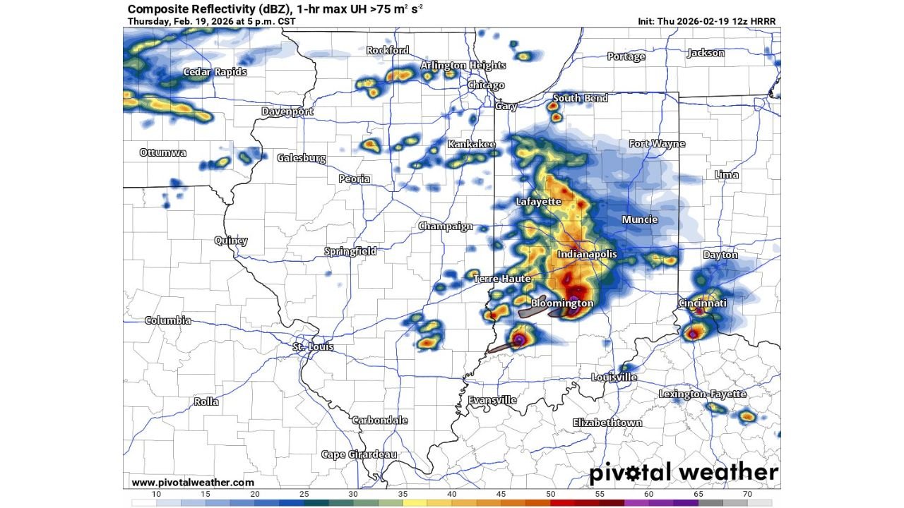 HRRR Model Intensifies Severe Storm Signal Across Indiana and Illinois While North Carolina Watches Pattern Shift Into Early March