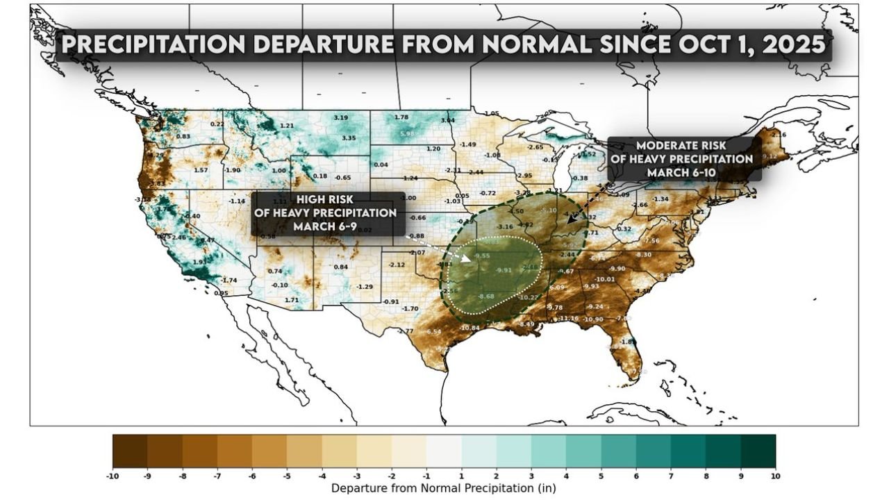 Heavy Rainfall Set to Target Drought-Stricken Red River, Mississippi and Ohio Valleys March 6–10 as Long-Standing Moisture Deficits Face Potential Reversal