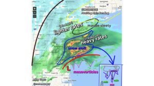 Heavy Snow Developing Aloft Over Delaware and New Jersey as Intensifying Coastal Low Spins Up Mesovortices East of Norfolk