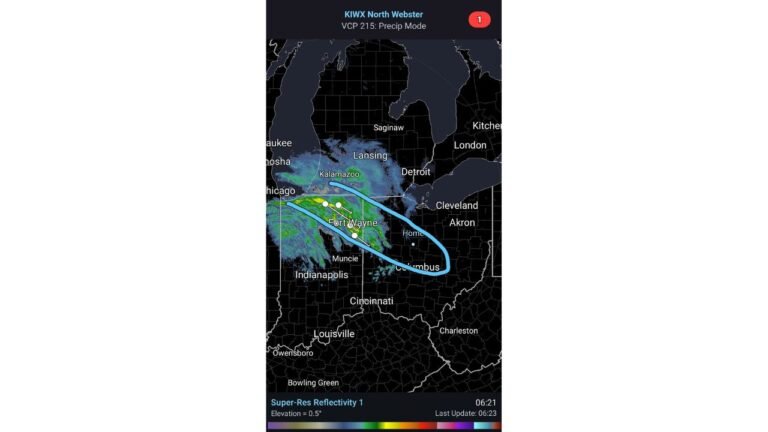 Indiana and Ohio Snow Band Intensifies Near Fort Wayne Toward Columbus, With 1-Inch-Per-Hour Rates and Isolated 4+ Inch Totals Possible