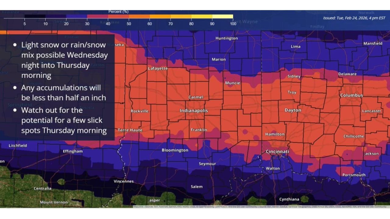 Indiana and Western Ohio Face Light Rain/Snow Mix Wednesday Night Into Thursday Morning With Minor Accumulations and Slick Spot Risk