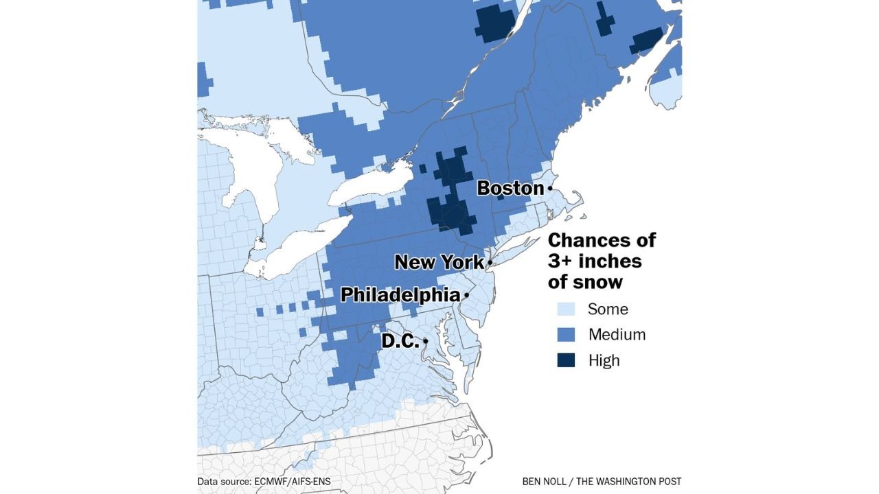 Inland Northeast from Pennsylvania to Upstate New York and New England Shows Higher Odds for 3+ Inches of Snow Early Next Week