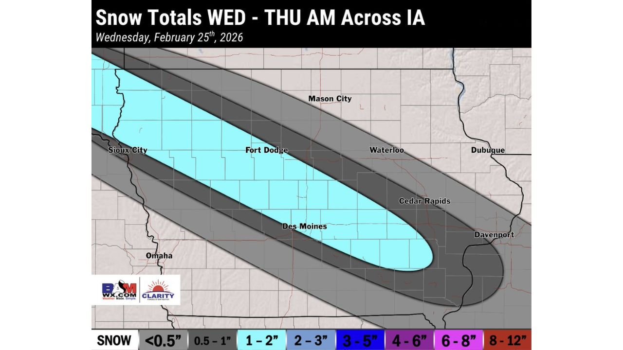 Iowa Winter System Targets Des Moines, Fort Dodge and Cedar Rapids With Narrow 1–2 Inch Snow Band Through Thursday Morning