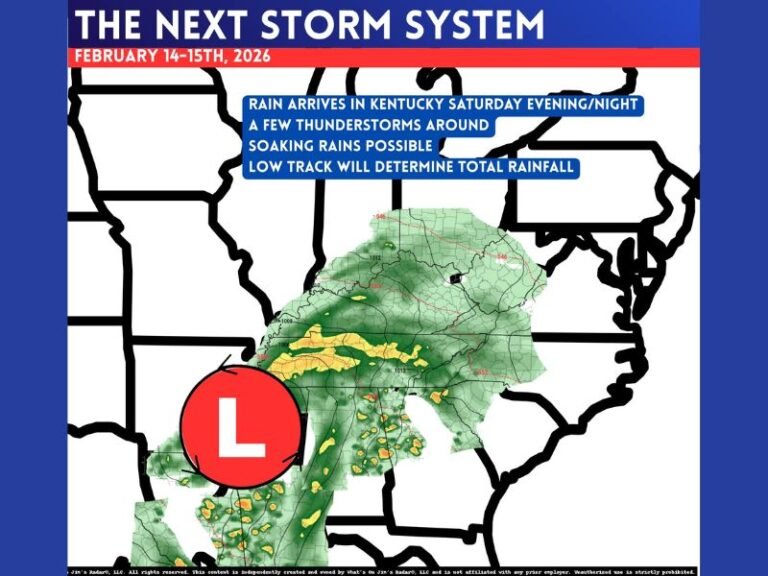 Kentucky Storm System Feb. 14–15 Could Bring Saturday Night Rain, Thunderstorms, and Soaking Downpours as Temperatures Rebound