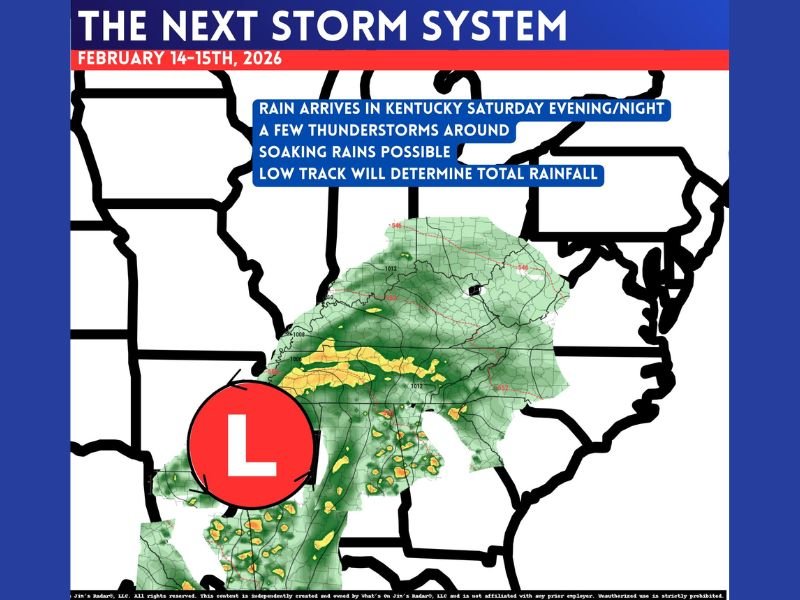 Kentucky Storm System Feb. 14–15 Could Bring Saturday Night Rain, Thunderstorms, and Soaking Downpours as Temperatures Rebound