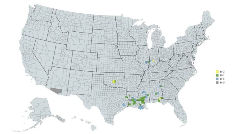 Louisiana, Mississippi, Alabama and Texas Lead Early 2026 Tornado Reports as EF-2 Twisters Already Confirmed in Multiple Counties