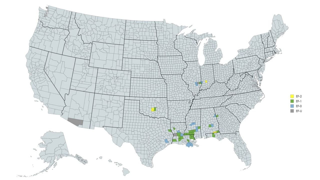Louisiana, Mississippi, Alabama and Texas Lead Early 2026 Tornado Reports as EF-2 Twisters Already Confirmed in Multiple Counties