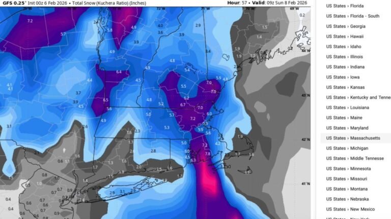 Massachusetts, Rhode Island and Connecticut Snow Bands Could Swing 1–8 Inches as GFS Shifts the Coastal Trough Just 20 Miles East