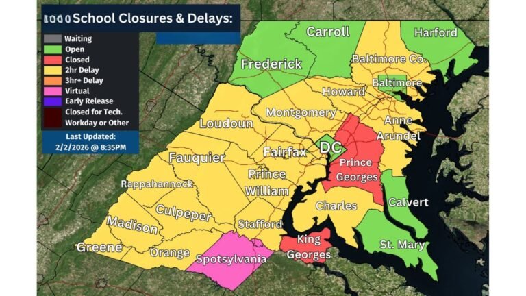 Mid-Atlantic Snow and Ice Disrupts Schools as Prince George’s and King George’s Close and Most Districts Shift to Two-Hour Delays