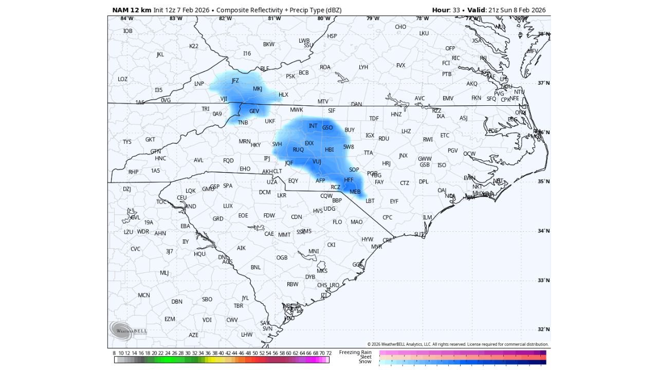 Midday Snow Showers Possible Sunday Across North Carolina as Quick-Hitting System Drops in From the Northwest