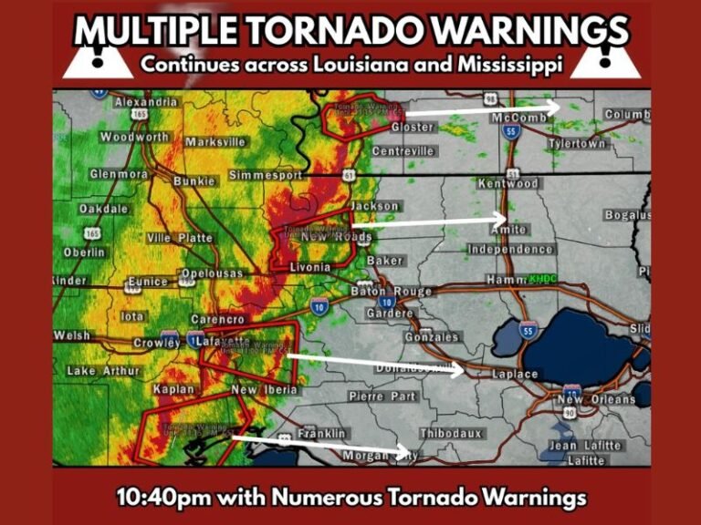 Multiple Tornado Warnings Ongoing Across Louisiana and Mississippi as Dangerous Squall Line Races Toward New Orleans