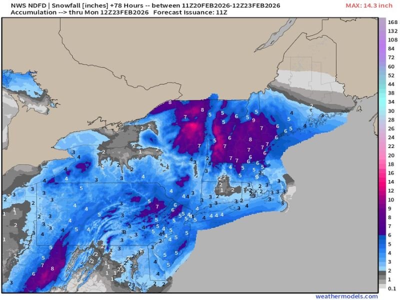 National Weather Service Snow Map Shows 6–9 Inch Band From Virginia to Southern New England Through Monday Morning