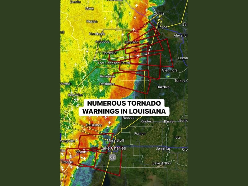 Nine Tornado Warnings Active Across Louisiana as QLCS Twisters Target Lake Charles Along I-10 and Areas West of Alexandria