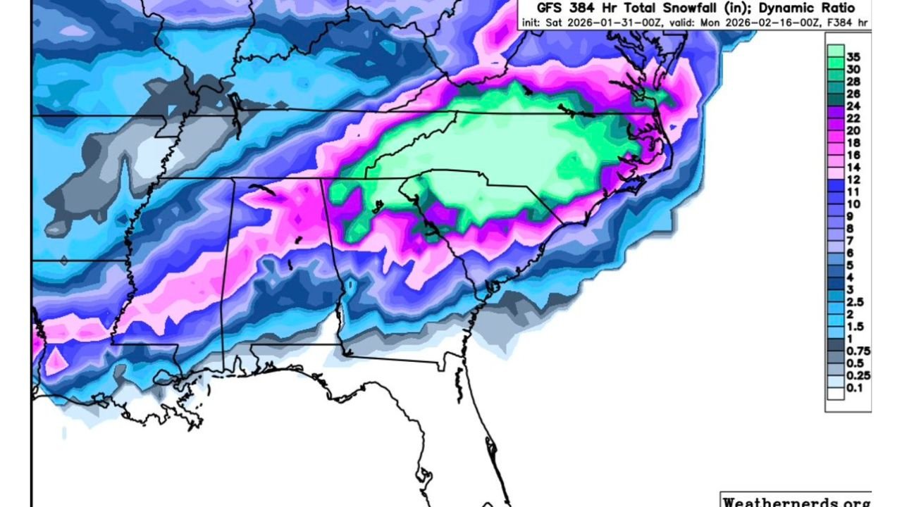 North Carolina and Virginia Show Up in a “Fantasy-Range” GFS Snow Bullseye, Hinting at a Rare Deep-South Winter Storm Signal