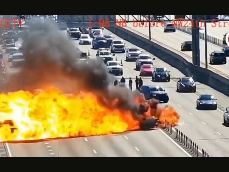 Pompano Beach, Florida Car Bursts Into Flames on I-95 Near Copans Road, Forcing Shutdown of All Northbound Lanes