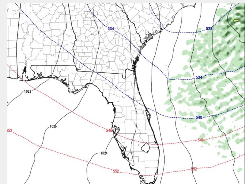 Rare Florida Snow Signal? 540 Thickness Line Dips Near Coast as Rain-to-Snow Transition Zone Edges Toward the Southeast