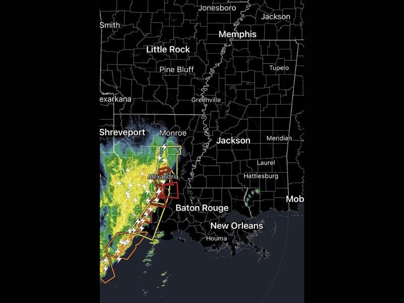 Six Tornado Warnings Active in Central Louisiana as Dangerous Nighttime Storms Target Alexandria and Baton Rouge, Threat May Rebuild Toward Georgia and Florida Sunday