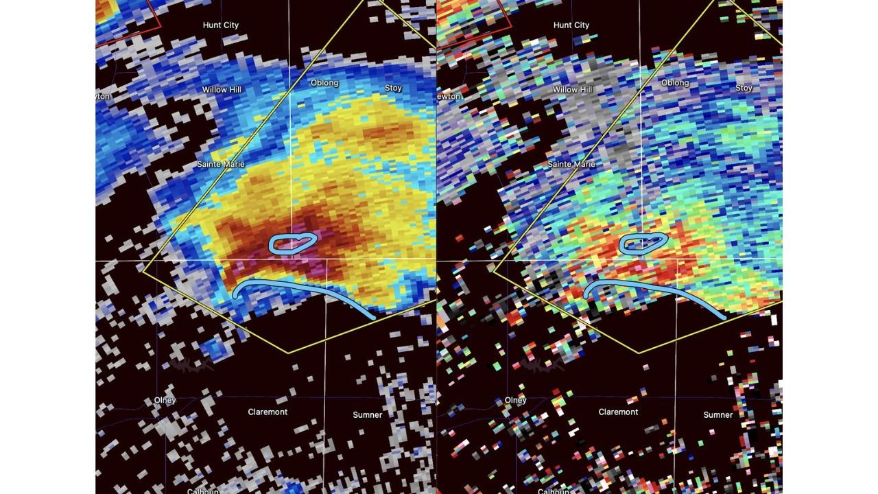 Southern Illinois Supercell Near Sainte Marie and Olney Shows Strong ZDR Arc and Clear Inflow, Raising Short-Term Tornado Concern