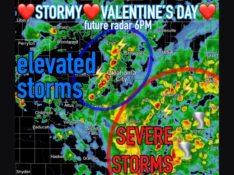 Stormy Valentine’s Day Ahead for Oklahoma: Severe Storm Risk Targets Southeast OK While OKC and Tulsa Face Elevated Wind and Hail Threat