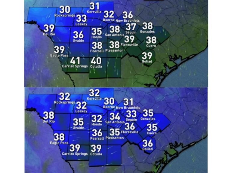 Texas Hill Country Temperatures Dip to Near Freezing Sunday and Monday, With San Antonio Area Facing Light Freeze Risk