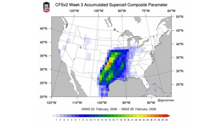 Texas, Oklahoma, Kansas, Missouri, and Arkansas Show Elevated Severe Storm Potential in NIU Week 2–3 Outlook for February 15–28