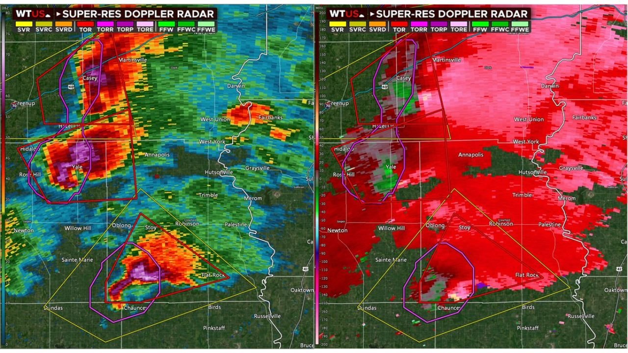 Three Tornado-Warned Supercells Sweep Eastern Illinois as Storm Near Chauncey Reports Funnel South of Warm Front