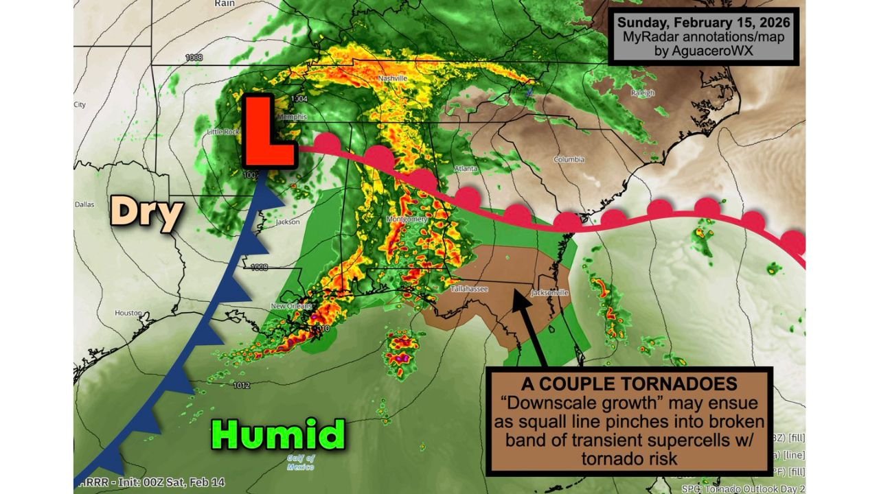Tornado Risk Increases Across Northern Florida and Southern Georgia as Squall Line Threatens Panama City, Tallahassee, Valdosta and Jacksonville Sunday