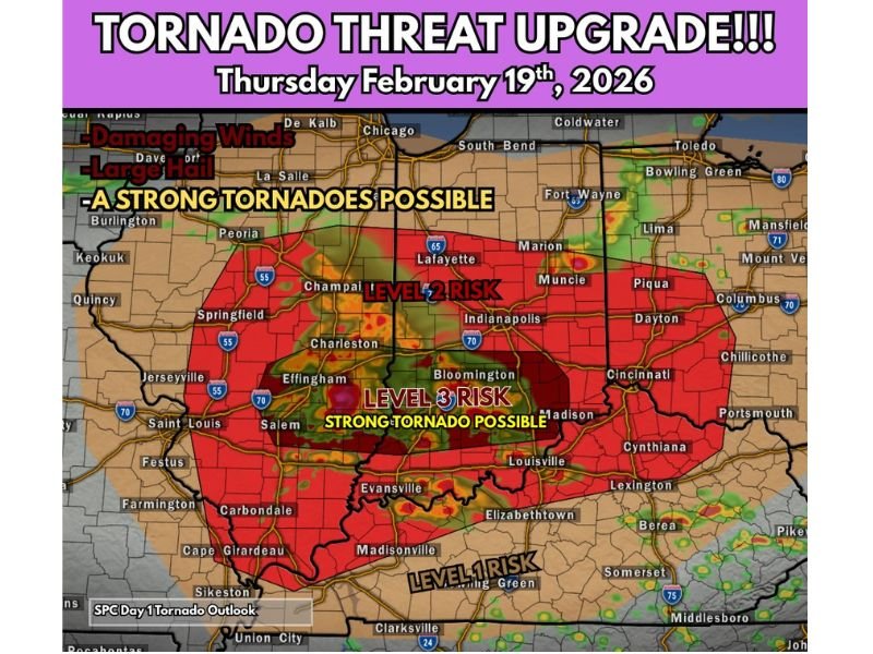 Tornado Threat Upgraded Across East-Central Illinois and Central Indiana as EF2+ Risk Emerges Thursday Afternoon