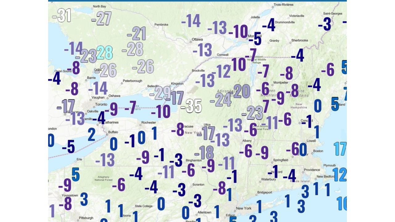 Watertown, New York Records Coldest Temperature in the Nation as Arctic Air Drives Readings Below −34°F