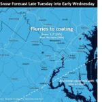 Weak Snow Chance Late Tuesday Into Early Wednesday Could Bring Flurries to a Coating From DC to Baltimore, With Many Areas Getting Nothing