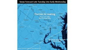 Weak Snow Chance Late Tuesday Into Early Wednesday Could Bring Flurries to a Coating From DC to Baltimore, With Many Areas Getting Nothing